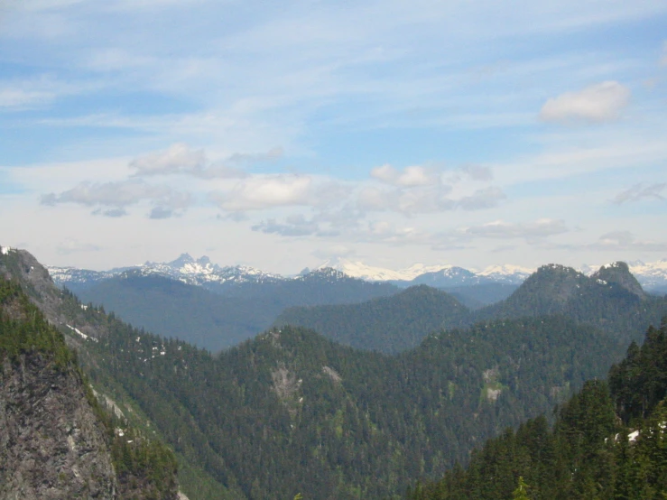 the mountains are surrounded by evergreens and snow - capped peaks