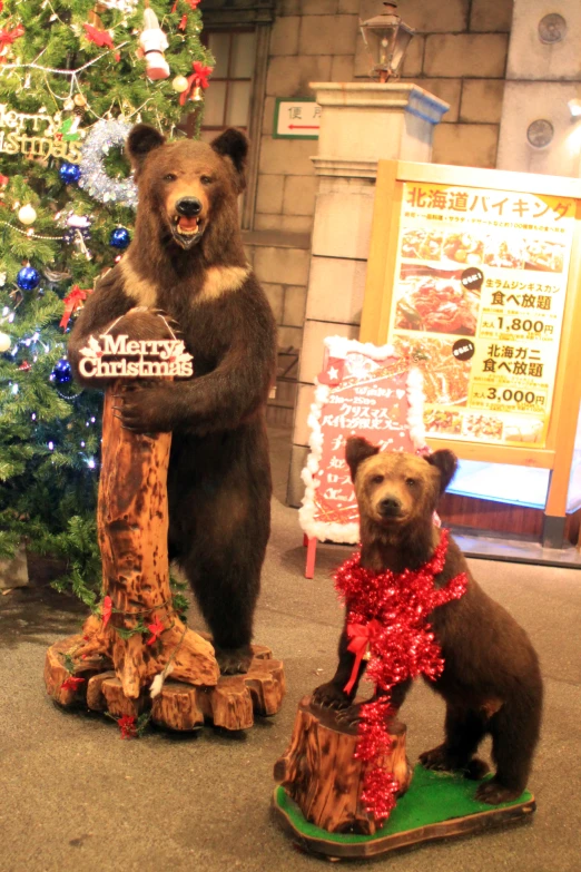 a large bear standing on its hind legs while a smaller bear is standing on a sled