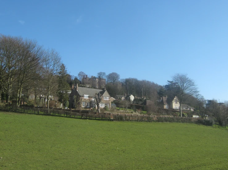 a field near the houses and trees in the winter