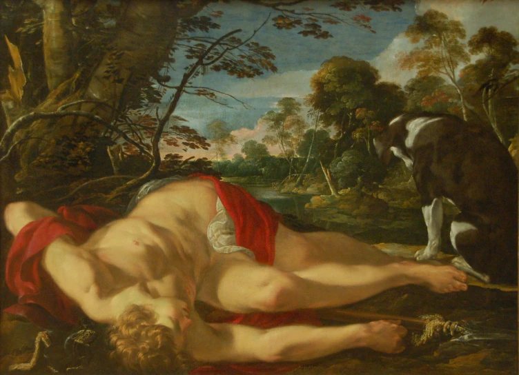 a painting of a man laying next to a dog