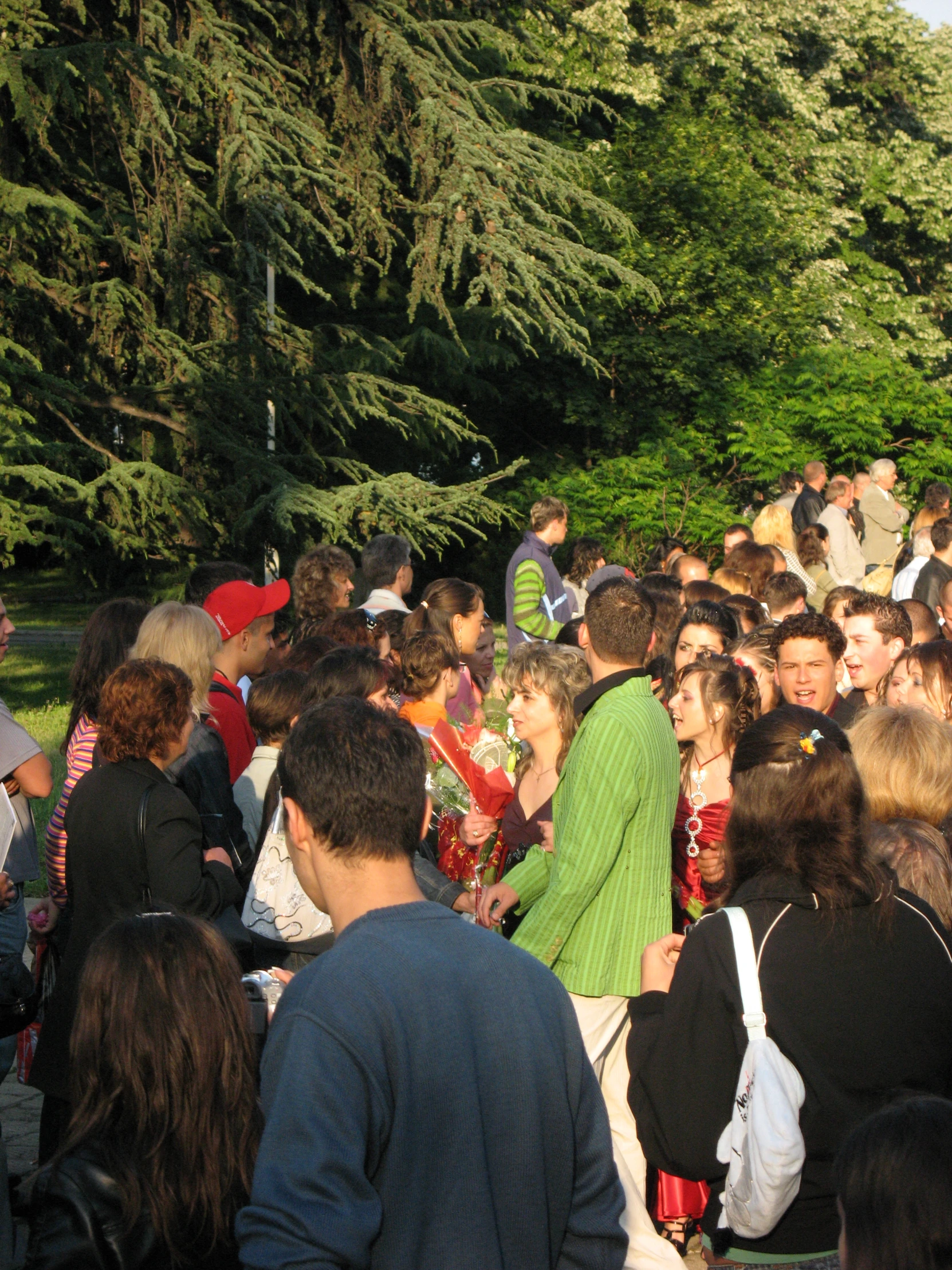 a crowd of people in a park next to trees