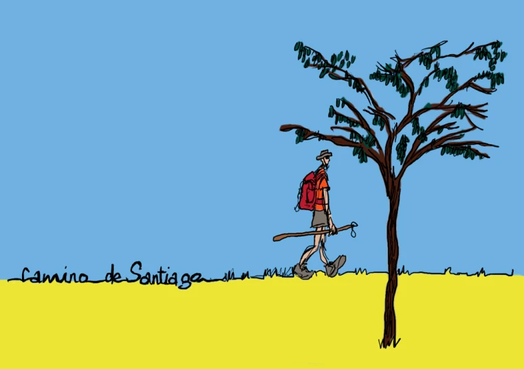 a drawing of a man walks beneath a tree