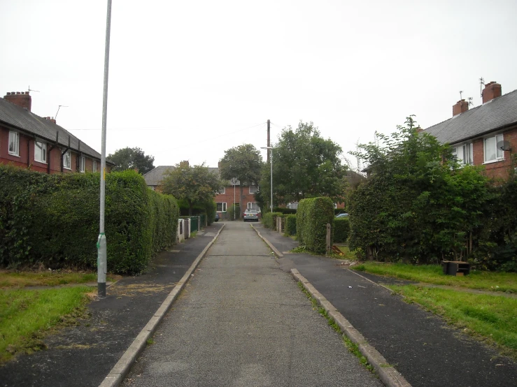 an empty street between some homes in the day