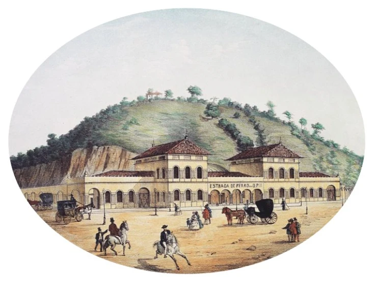 a painting shows a building on top of a hill