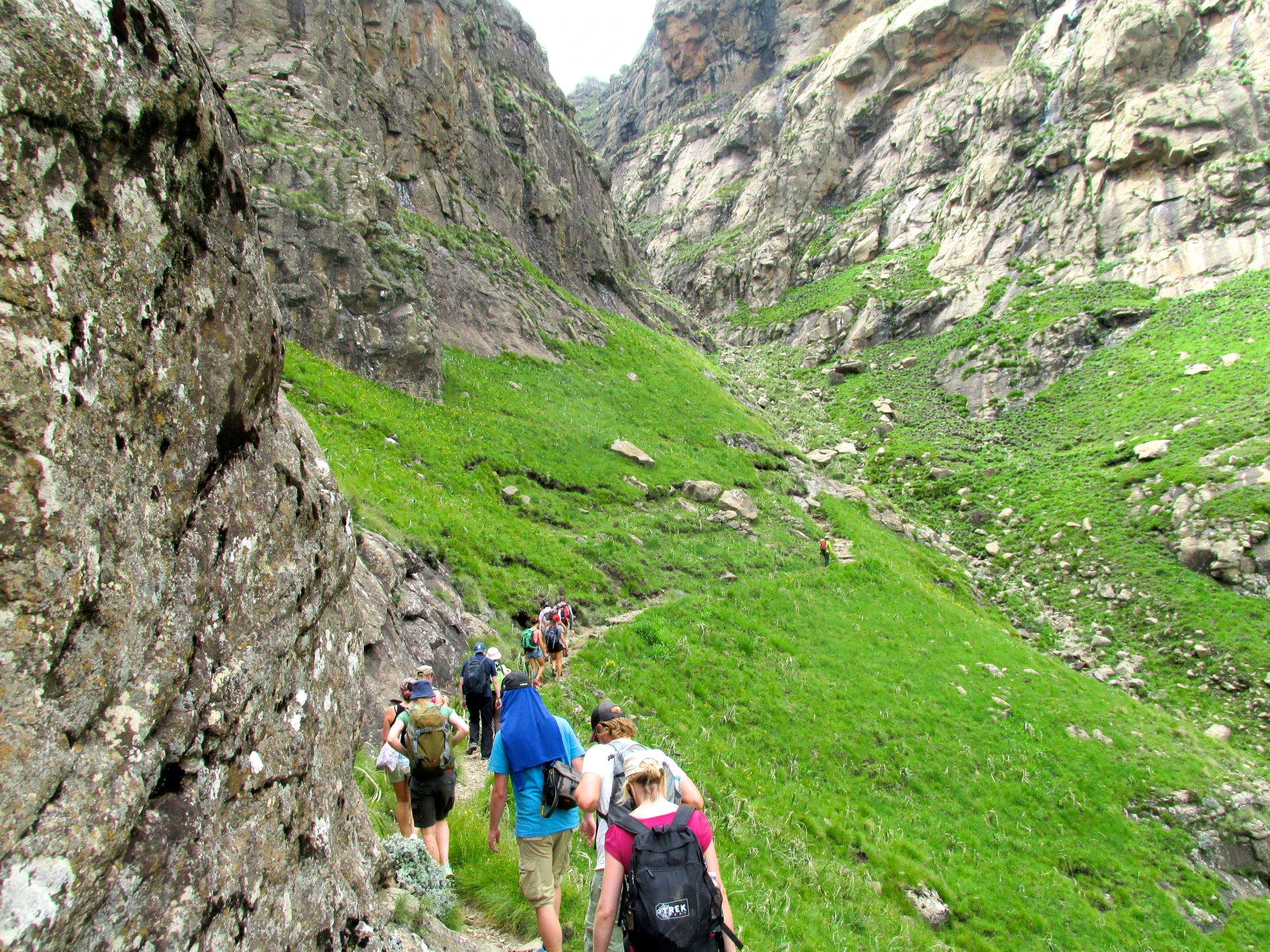 group of hikers ascending a rocky cliff with grass