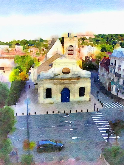 a painting of an aerial view of a church