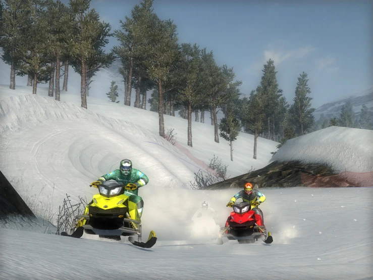 snowmobiles with a rider riding down a ski slope
