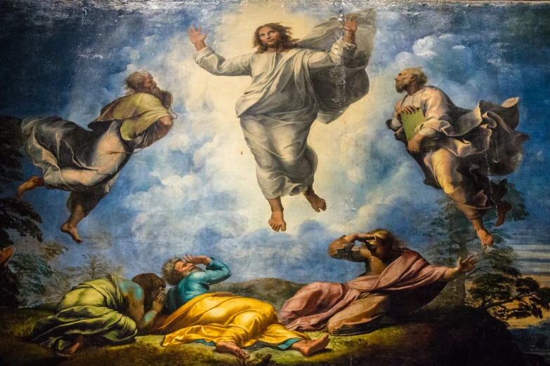 a painting of jesus with four men flying through the air