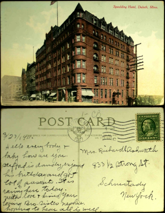 two pographs show postcard images, one shows an old red brick building