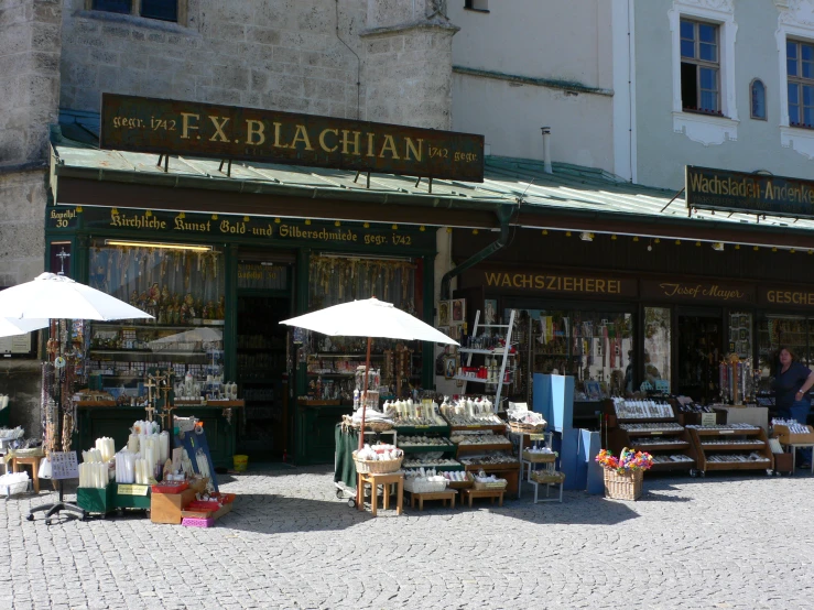 a small market sitting on the sidewalk outside of a building