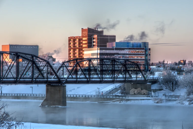 the city on a bridge in a cold day