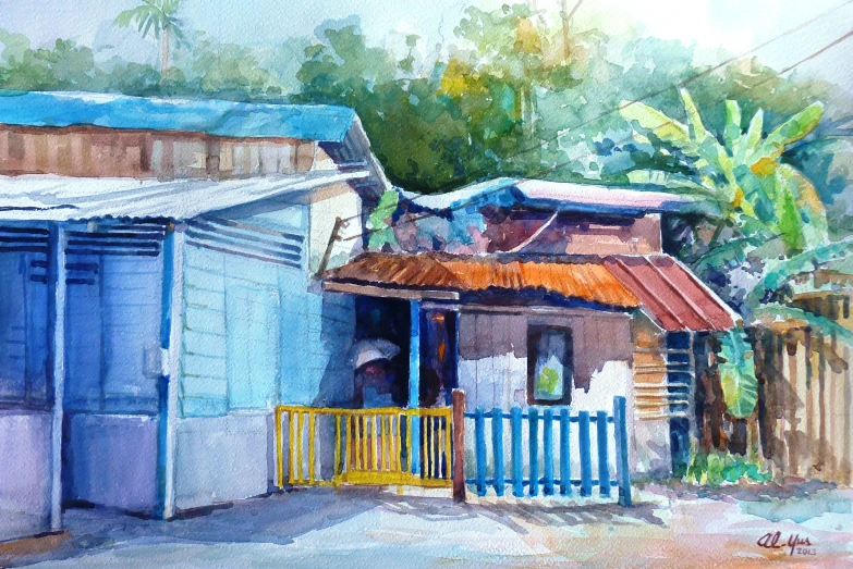 a painting of a home in a tropical climate