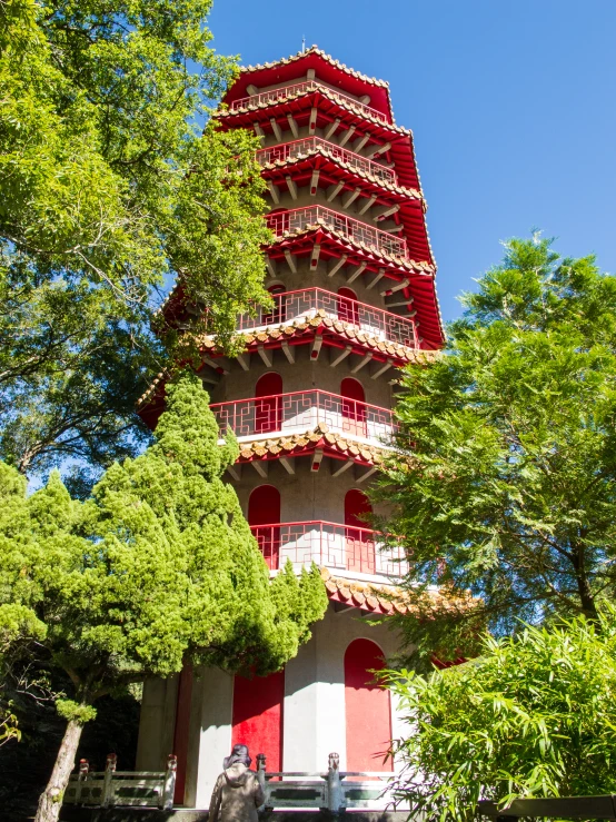 a red and white pagoda surrounded by trees