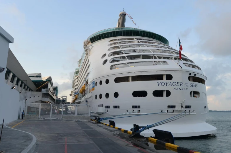 a cruise ship parked by a dock in a harbor