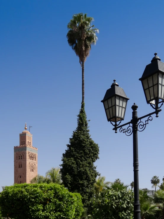 a light post in the foreground with a tower in the background