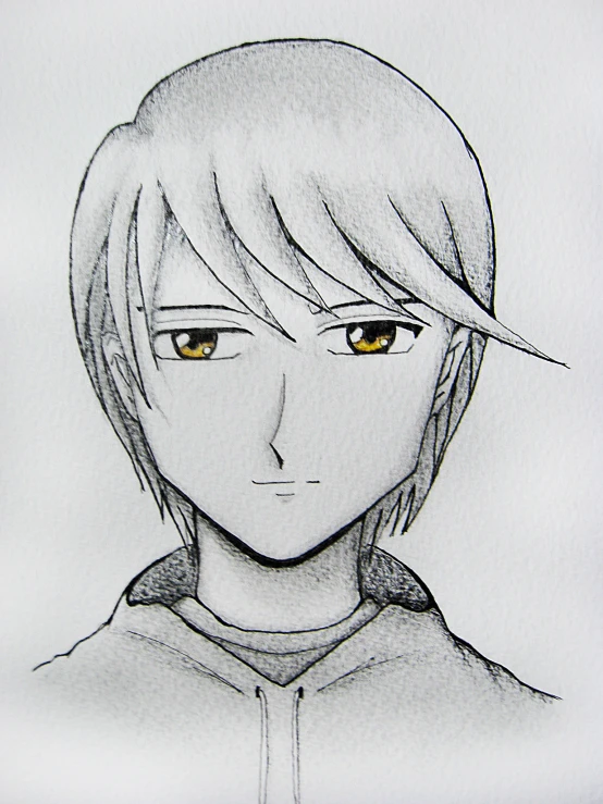 this is a drawing of a man with eyes, ears and an anime haircut