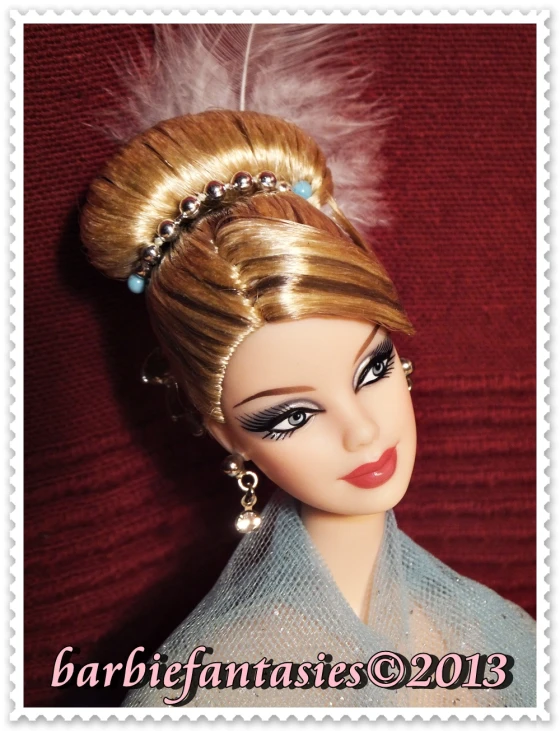 a barbie doll with a black headband and feathers