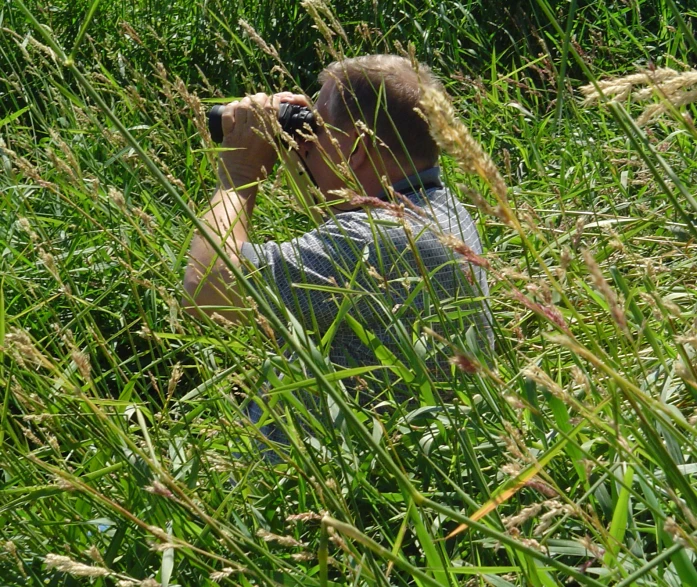 a person in the grass taking pictures with their camera