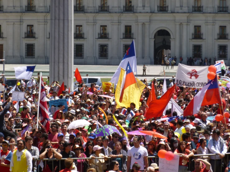 a crowd holds flags and placares in protest