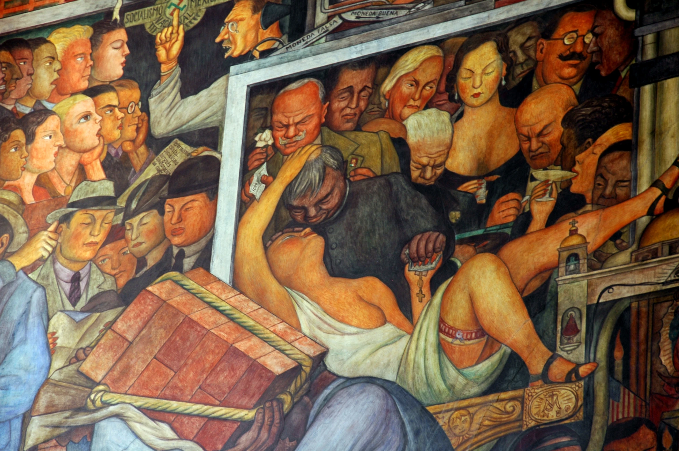 a mural painting depicting the image of men holding objects