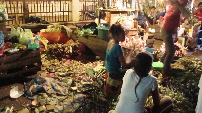 some women shopping at an outdoor market with plants and fruits on display