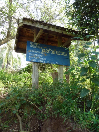 a blue sign next to bushes and trees