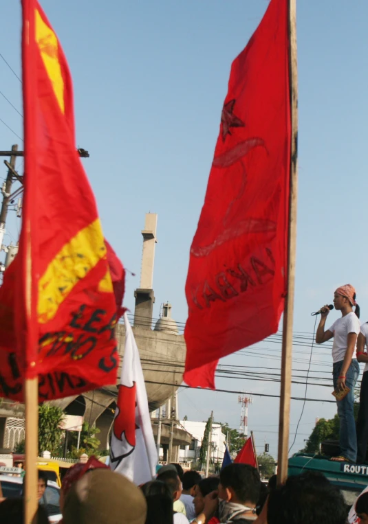 some people flags and buildings and a man