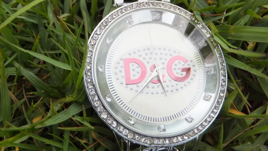 a watch laying in some grass with a d g message on it