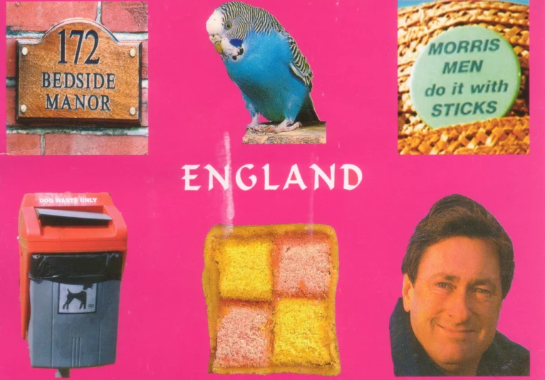 a sign with the name england in two languages and pictures of birds and a man's face