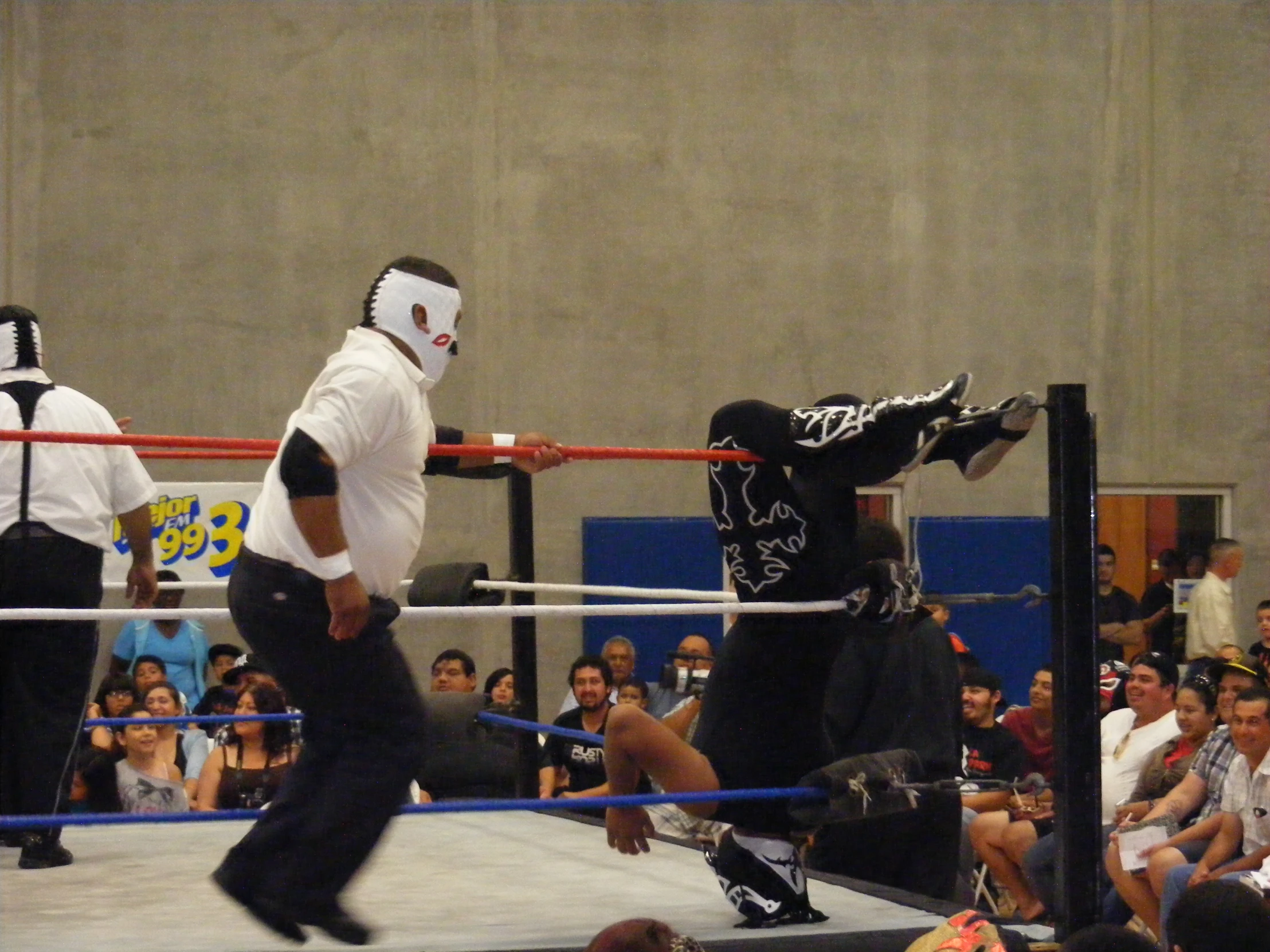 two wrestlers and a crowd watching in the stands