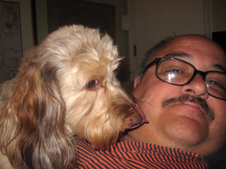 a man with a beard and glasses is holding his dog