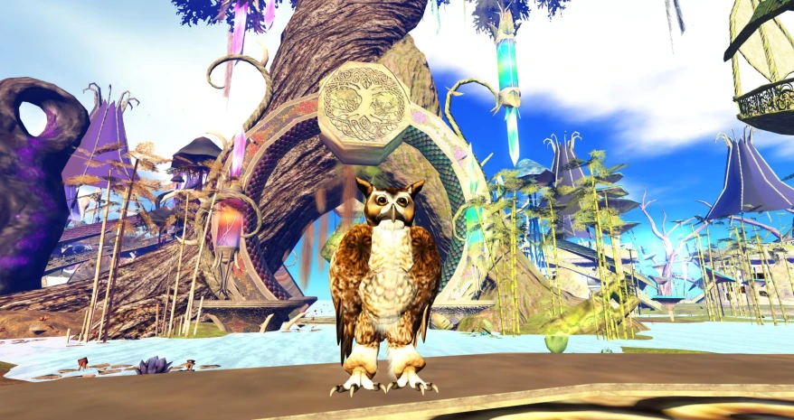 an owl stands in front of a bunch of different things