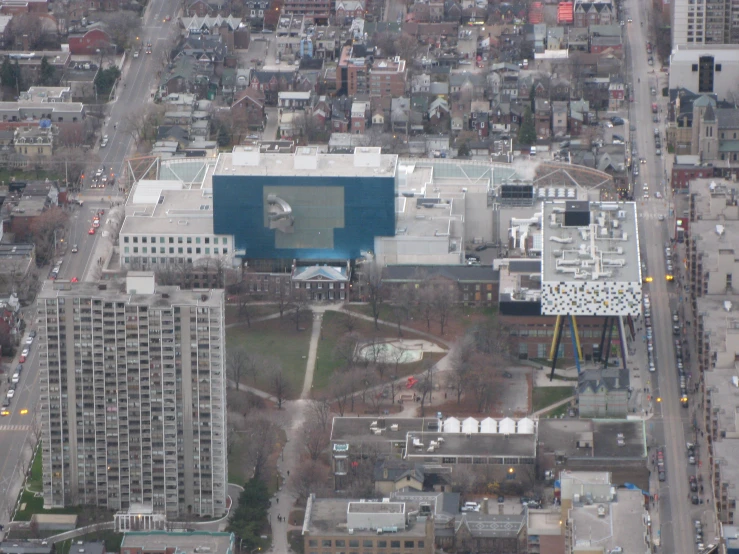 an aerial view of buildings in a city