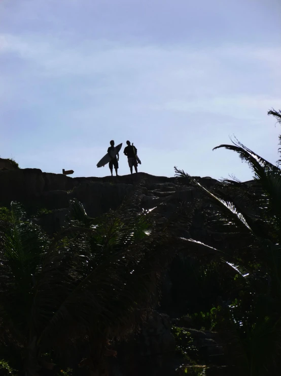 two people are standing on a hill, near some trees