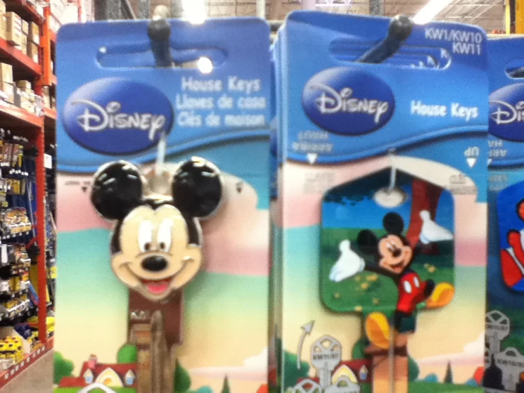 two mickey mouse keys that are on the shelves