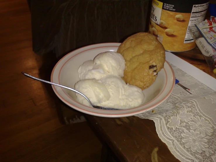 a bowl filled with ice cream and cookies