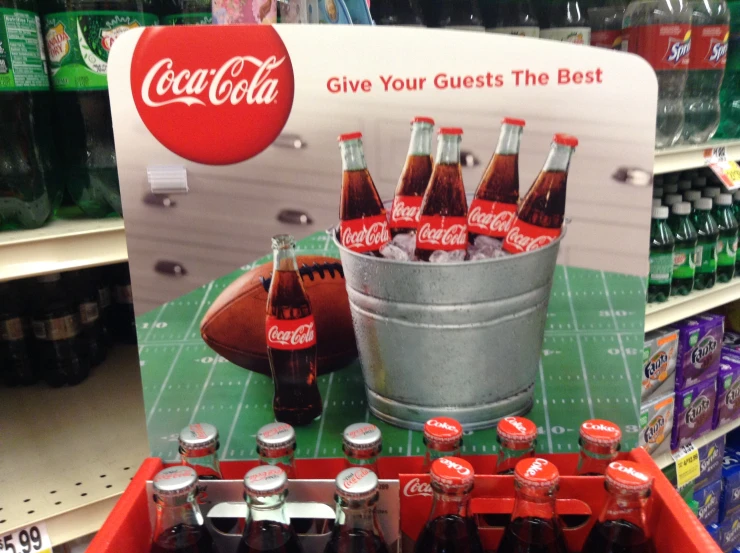 a poster with cans and bottles in a store
