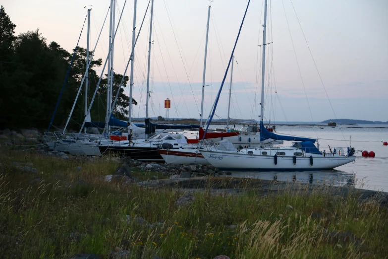 several small boats on land next to a body of water