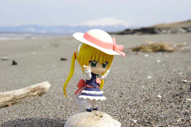 a doll wearing a hat and dress on a rock on the beach