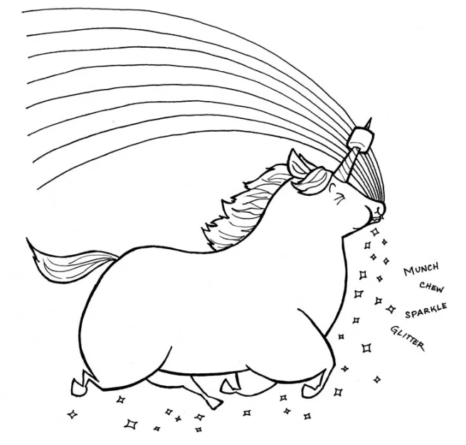 a coloring book page with a drawing of a unicorn blowing soap over its face