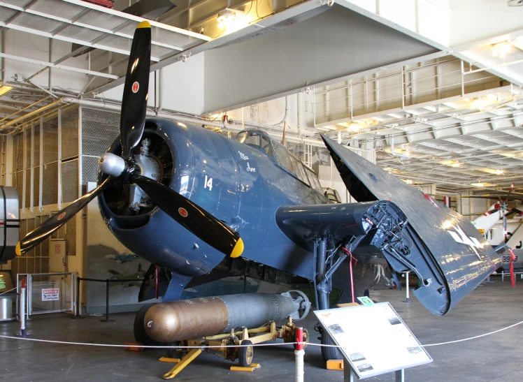 a blue airplane sitting in a building with people around it