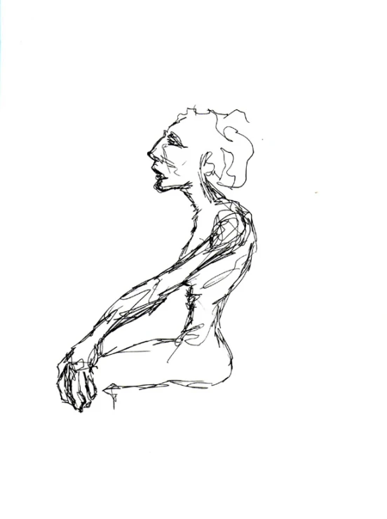 drawing of the back of a woman's body as she sits with her right hand resting on her stomach