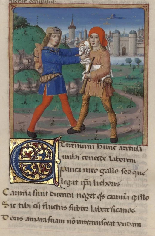 a medieval mcript with a drawing of two men fighting