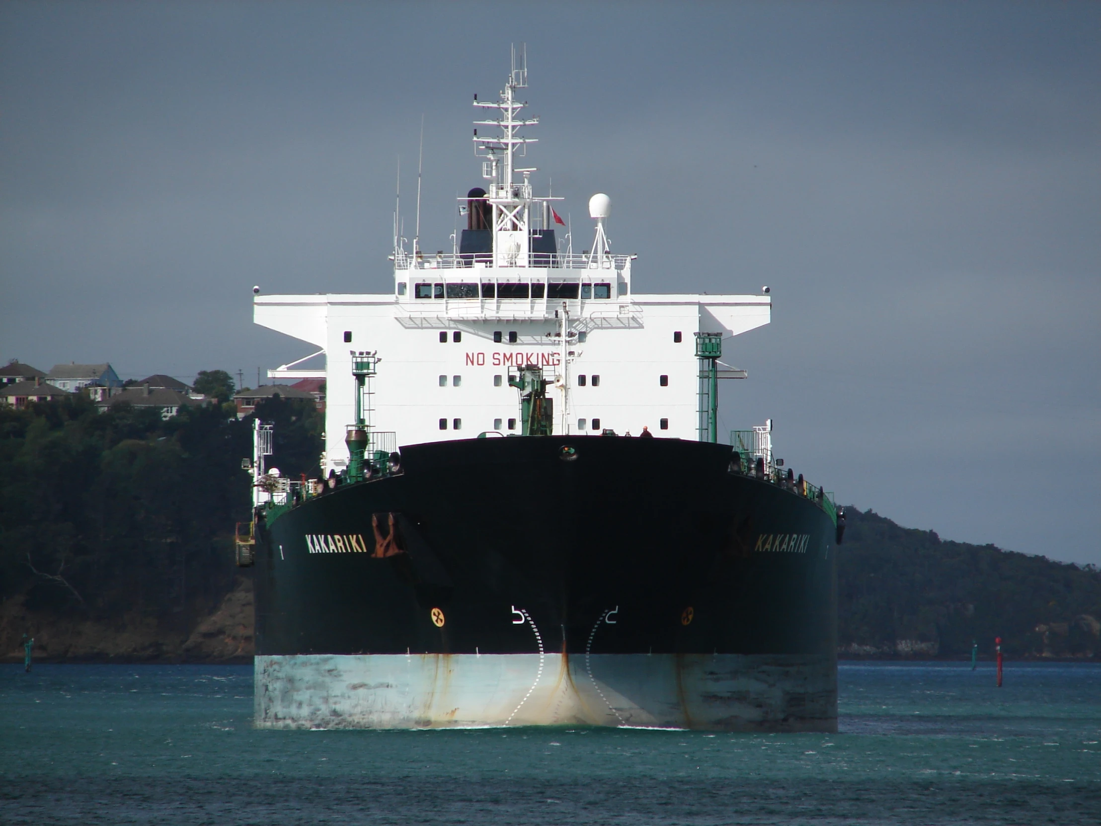 large, white boat traveling across water near a hill