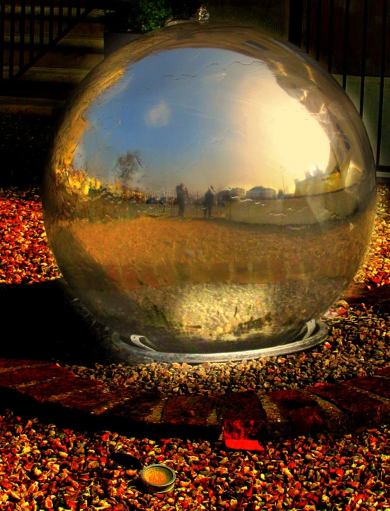 the reflection of a large metal ball on a circular surface