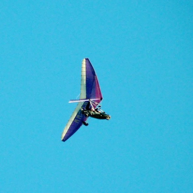 a purple airplane flying over a blue sky