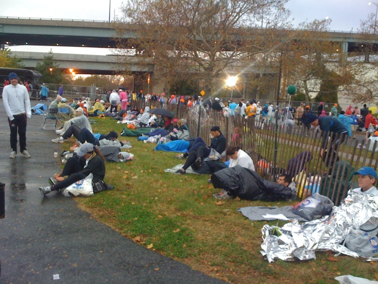 a crowd of people sitting on the grass near the side of a road