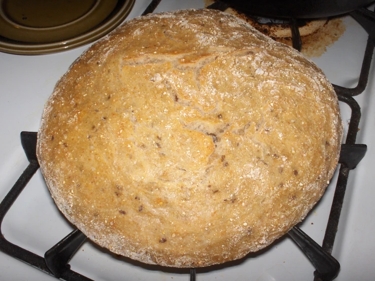 a freshly made round crusted bread sitting on top of an oven