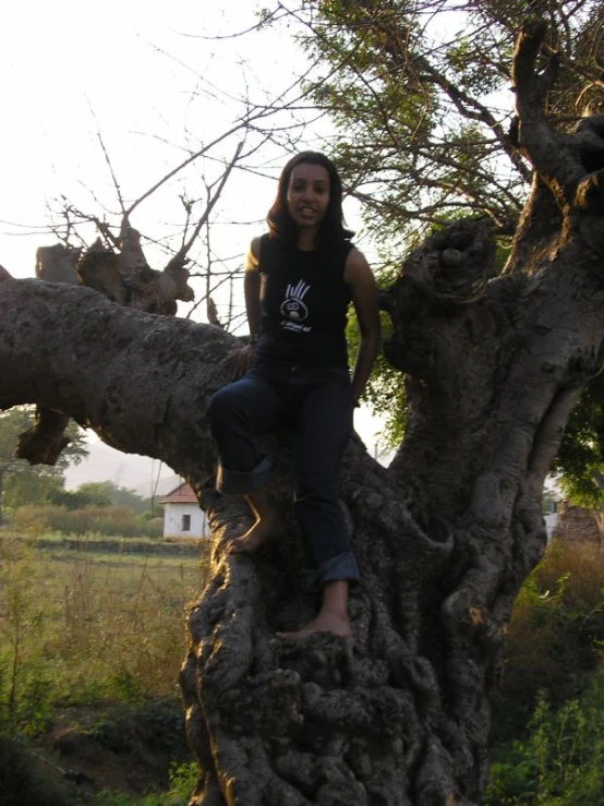 a beautiful woman sitting on top of a tree limb