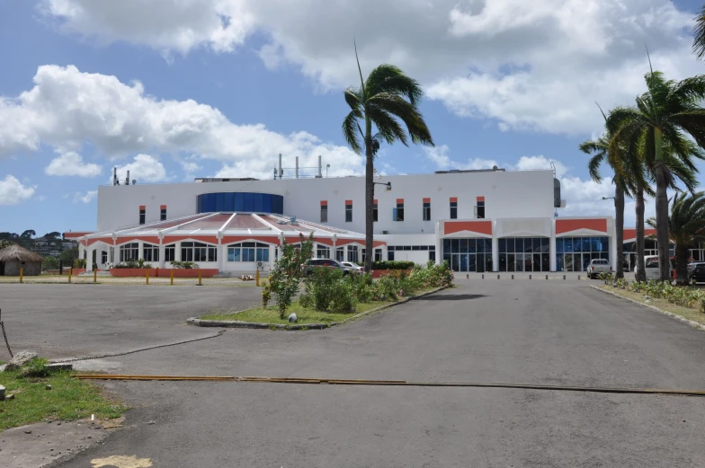 a large building on an empty parking lot